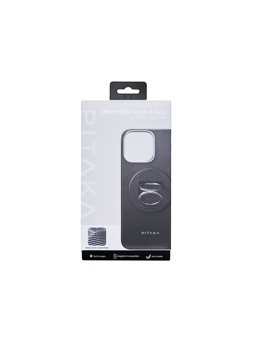 Apple iPhone 16 Pro Max Kılıf Manyetik Şarj Uyumlu Grip 3 Standlı 600D Aramid Karbon Fiber Pitaka Ultra-Slim Classic Serisi Black-Grey Twill Kapak