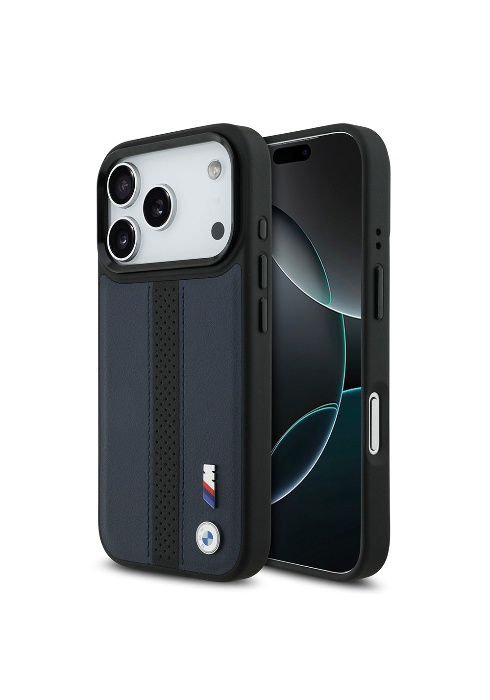 Apple iPhone 17 Pro Kılıf BMW Orijinal Lisanslı Manyetik Şarj Uyumlu Deri Arka Yüzey Metal Logolu Delikli Şerit Tasarımlı Kapak