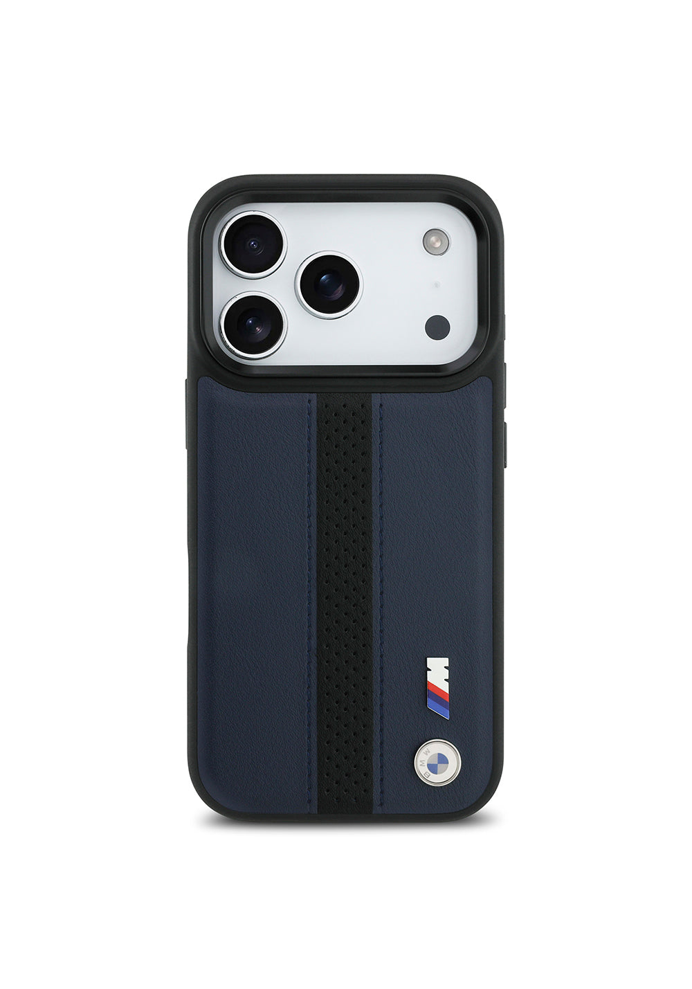 Apple iPhone 17 Pro Kılıf BMW Orijinal Lisanslı Manyetik Şarj Uyumlu Deri Arka Yüzey Metal Logolu Delikli Şerit Tasarımlı Kapak