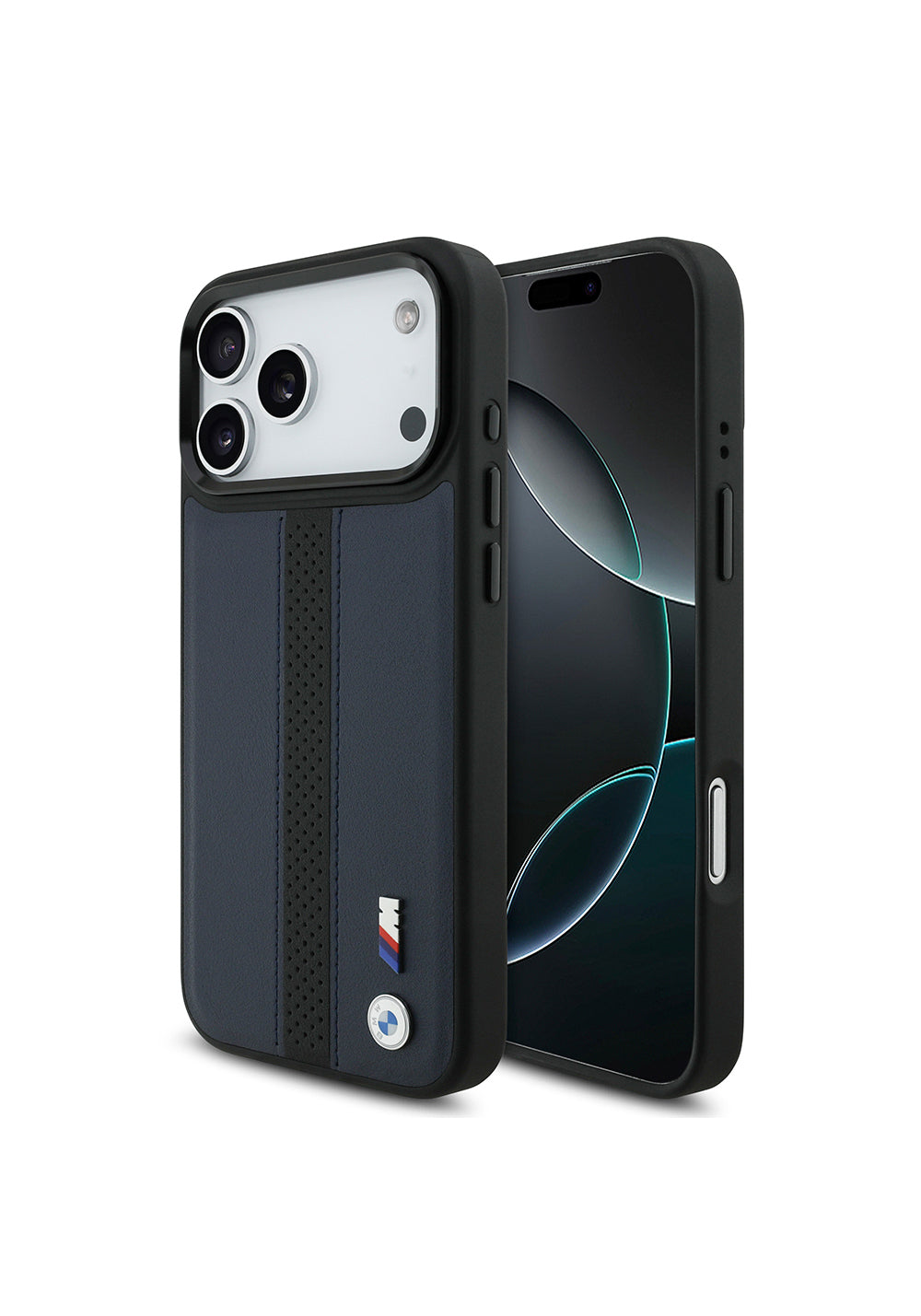 Apple iPhone 17 Pro Max Kılıf BMW Orijinal Lisanslı Manyetik Şarj Uyumlu Deri Arka Yüzey Metal Logolu Delikli Şerit Tasarımlı Kapak