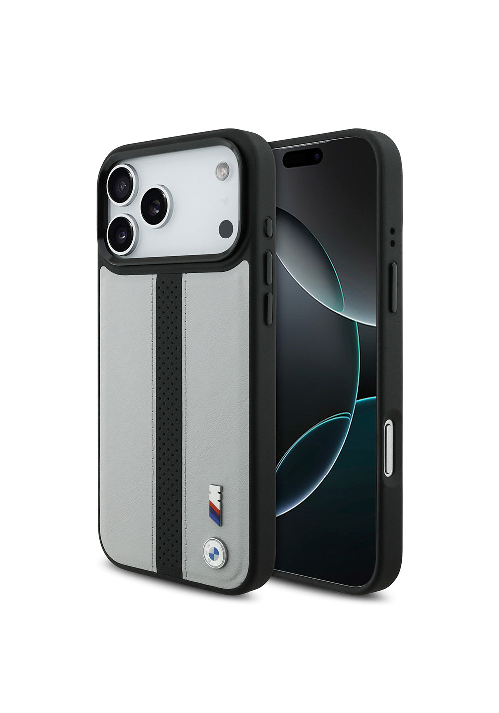 Apple iPhone 17 Pro Max Kılıf BMW Orijinal Lisanslı Manyetik Şarj Uyumlu Deri Arka Yüzey Metal Logolu Delikli Şerit Tasarımlı Kapak