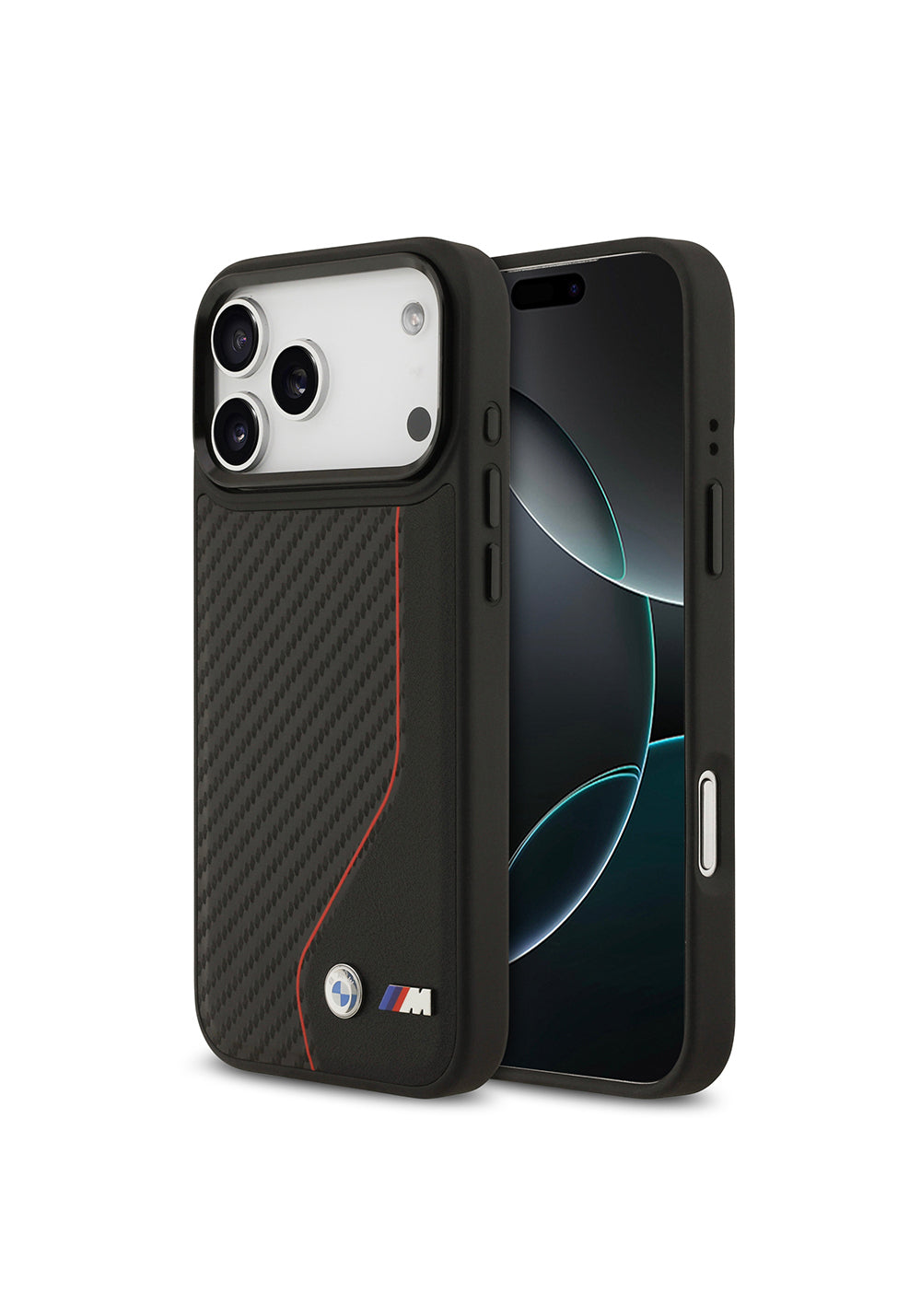 Apple iPhone 17 Pro Max Kılıf BMW Orijinal Lisanslı Manyetik Şarj Uyumlu Metal BMW ve M Logolu PU Karbon Tasarımlı Kapak