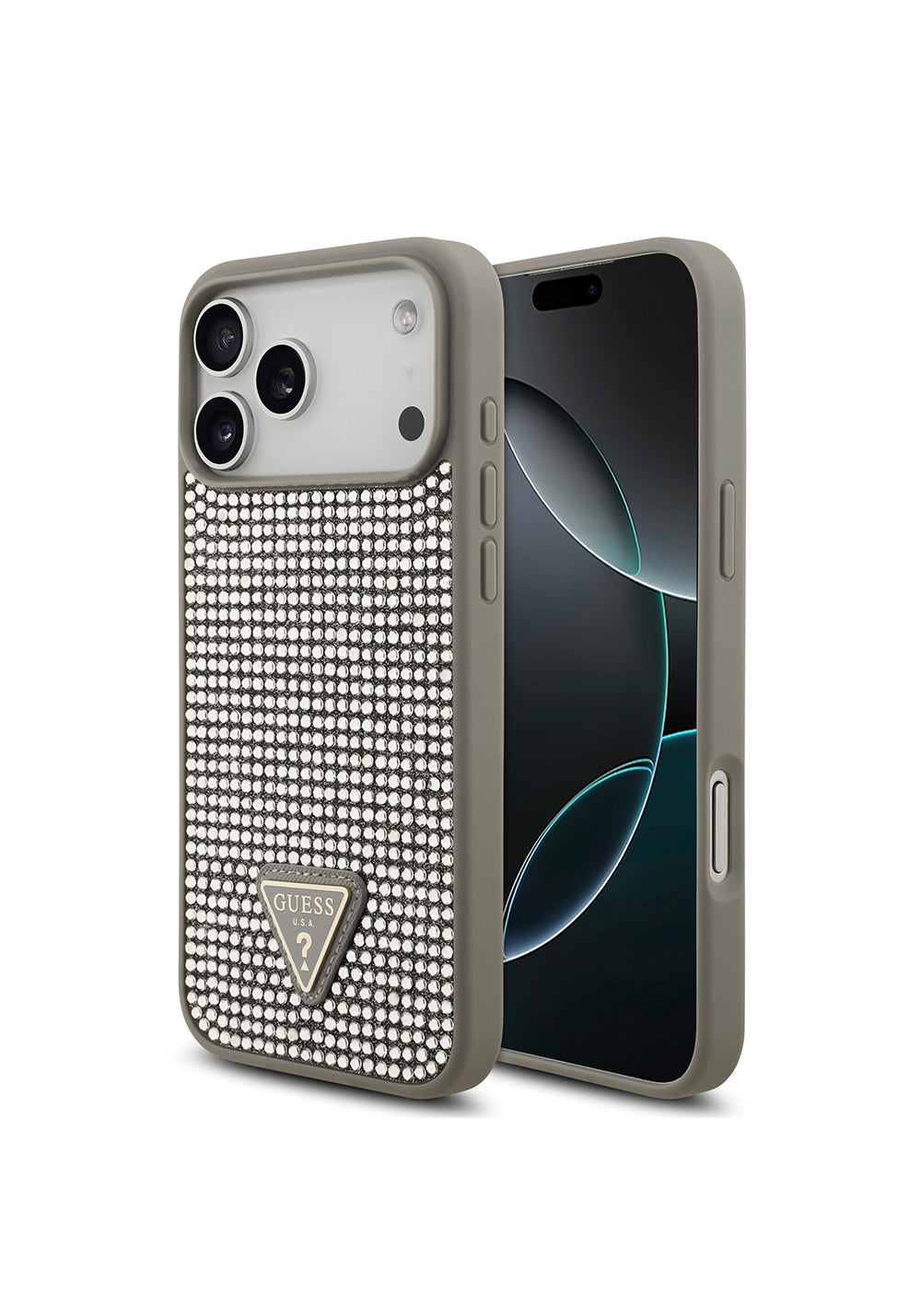 Apple iPhone 17 Pro Max Kılıf Guess Orijinal Lisanslı Taşlı Arka Yüzey Üçgen Logolu Kapak