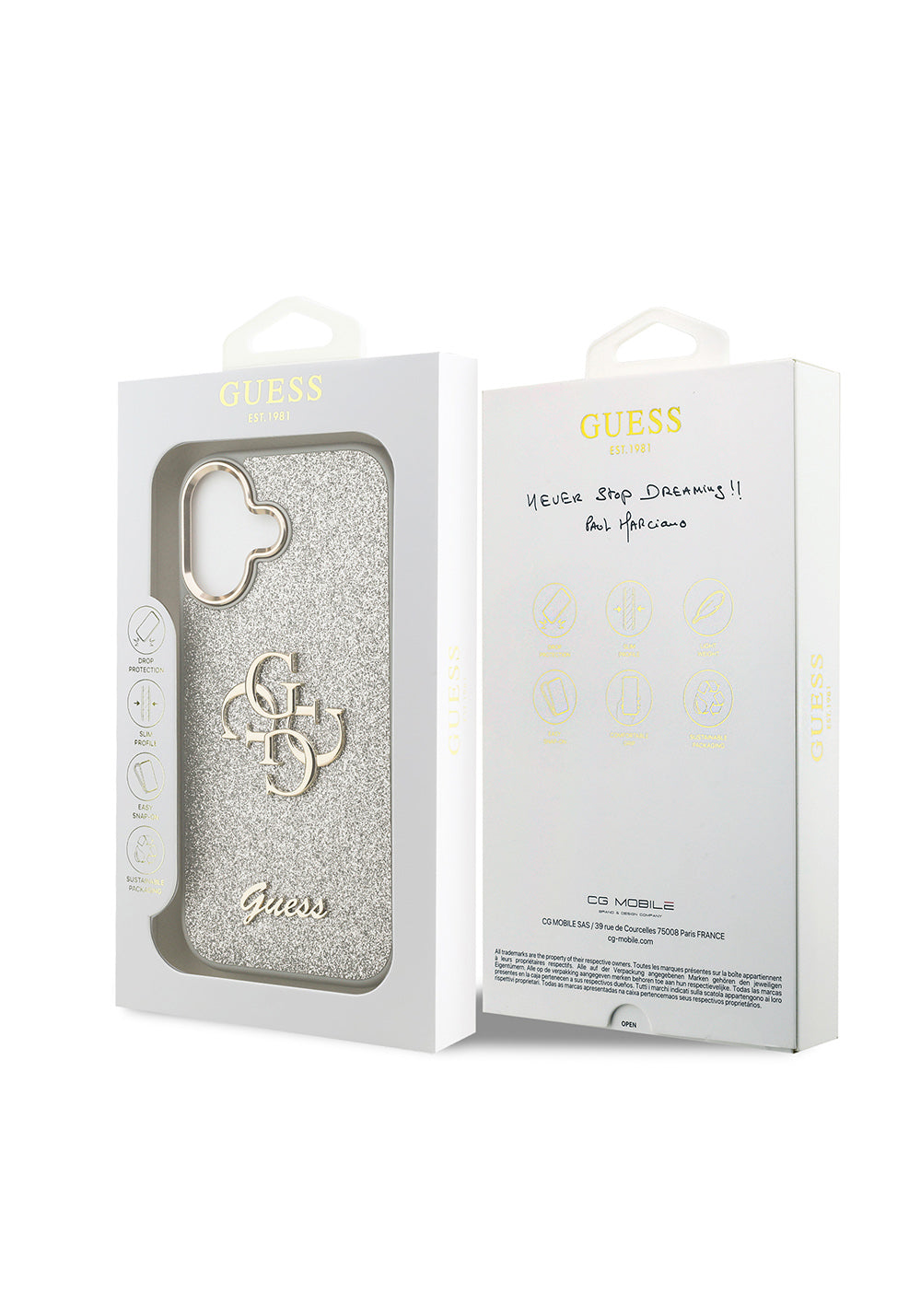 Apple iPhone 17 Kılıf Guess Orijinal Lisanslı 4G Büyük Metal Kamera Çerçeveli ve Logolu Glitter Kapak