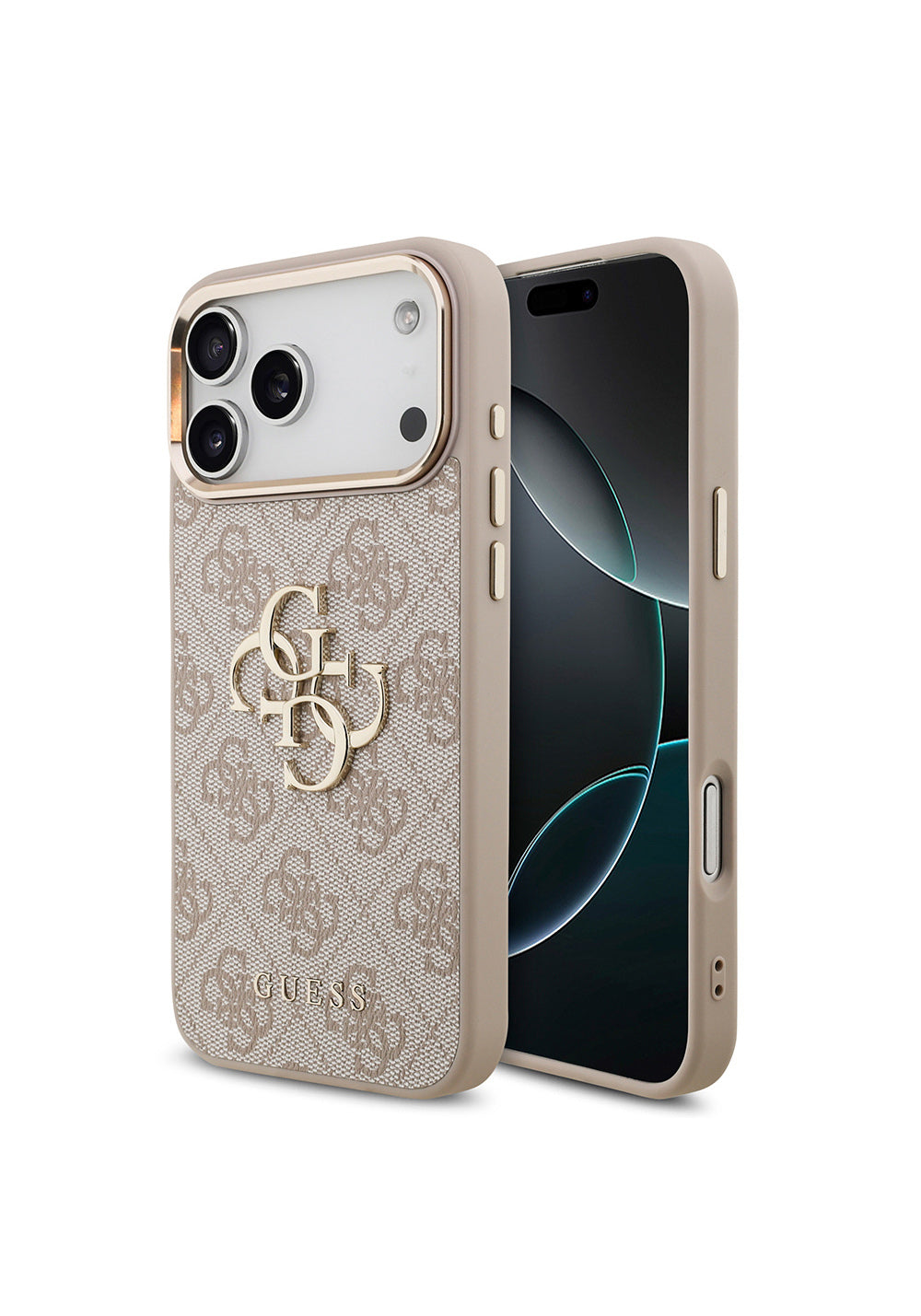Apple iPhone 17 Pro Max Kılıf Guess Orijinal Lisanslı Gold Metal Kamera Çerçeveli 4G Desenli Metal Büyük 4G ve Yazı Logolu Kapak