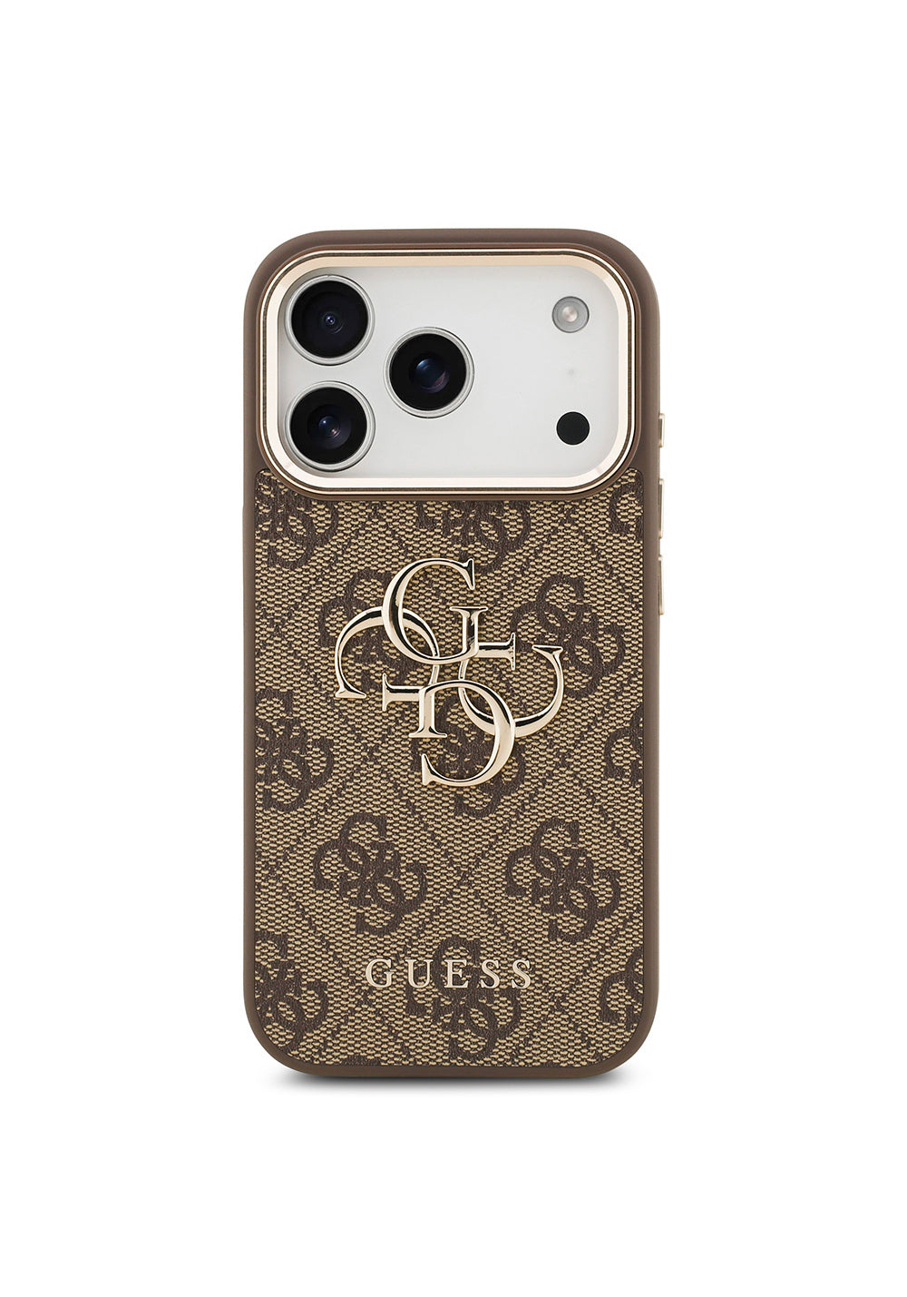 Apple iPhone 17 Pro Max Kılıf Guess Orijinal Lisanslı Gold Metal Kamera Çerçeveli 4G Desenli Metal Büyük 4G ve Yazı Logolu Kapak