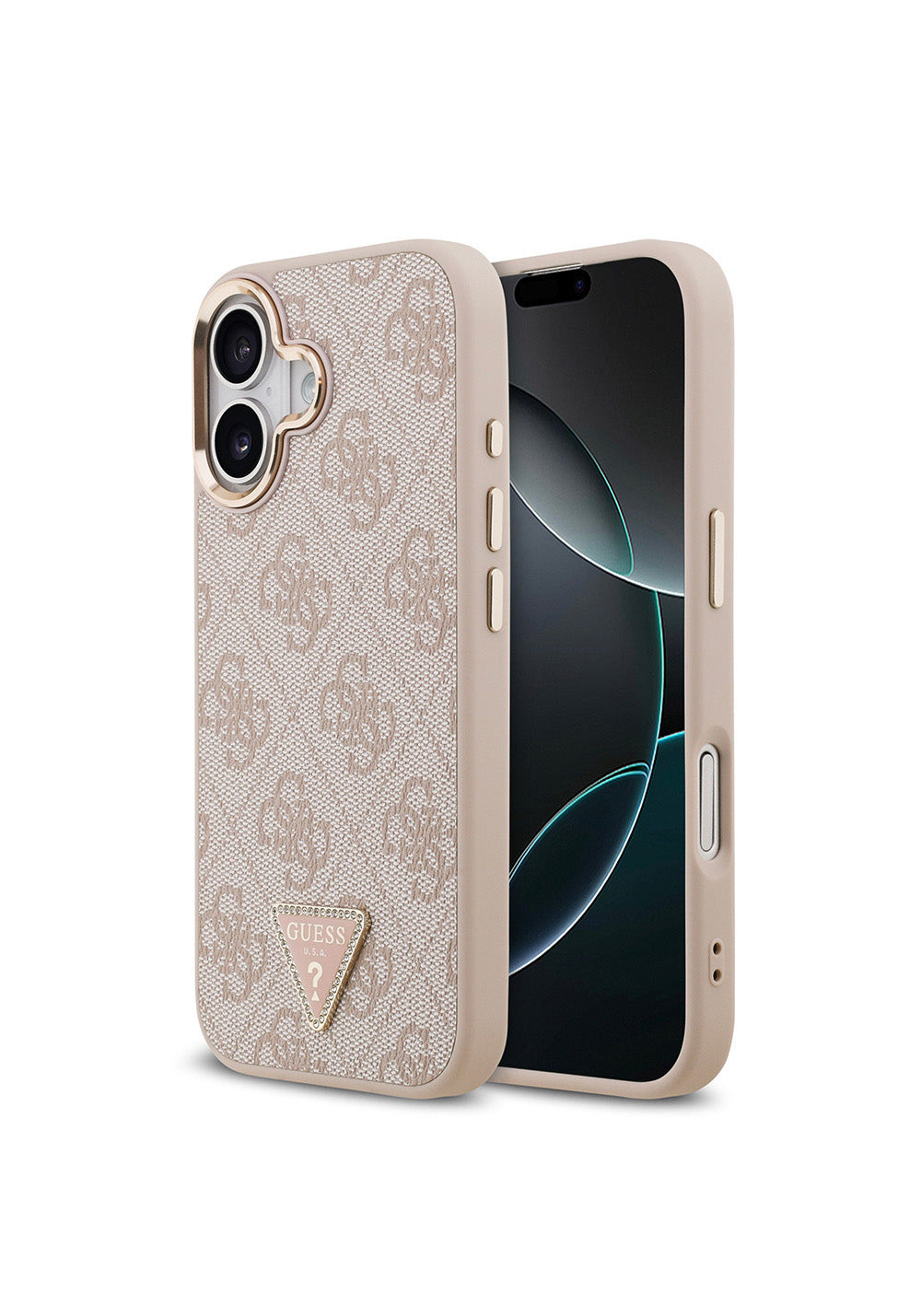 Apple iPhone 17 Kılıf Guess Orijinal Lisanslı Manyetik Şarj Uyumlu Gold Metal Kamera Çerçeveli Taşlı Üçgen Logo 4G Desenli Kapak