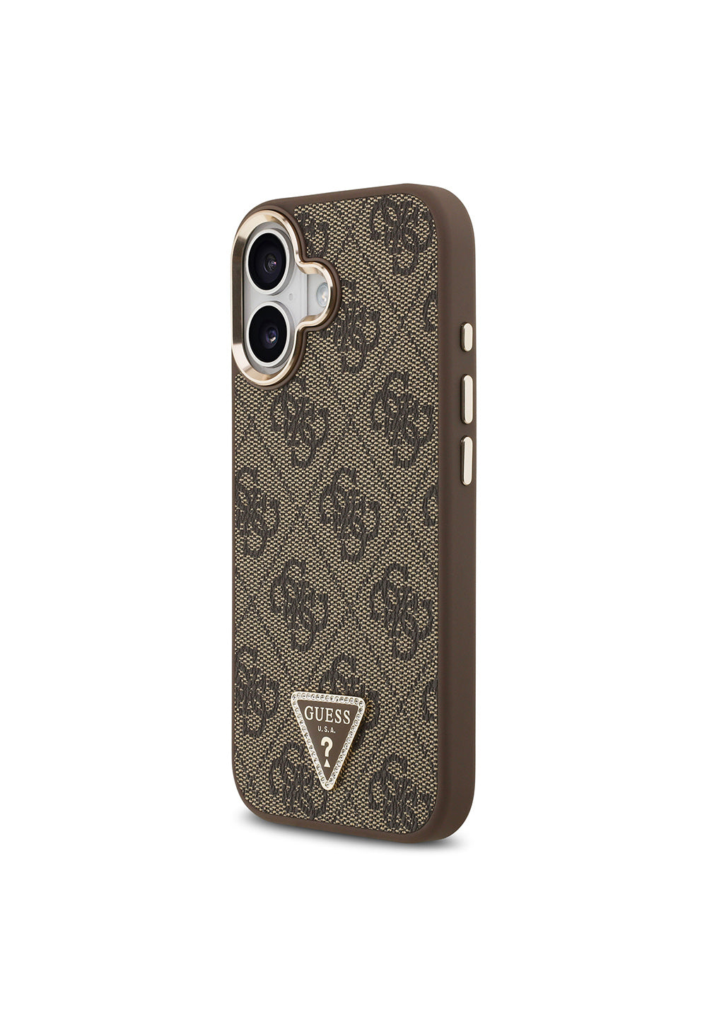 Apple iPhone 17 Kılıf Guess Orijinal Lisanslı Manyetik Şarj Uyumlu Gold Metal Kamera Çerçeveli Taşlı Üçgen Logo 4G Desenli Kapak