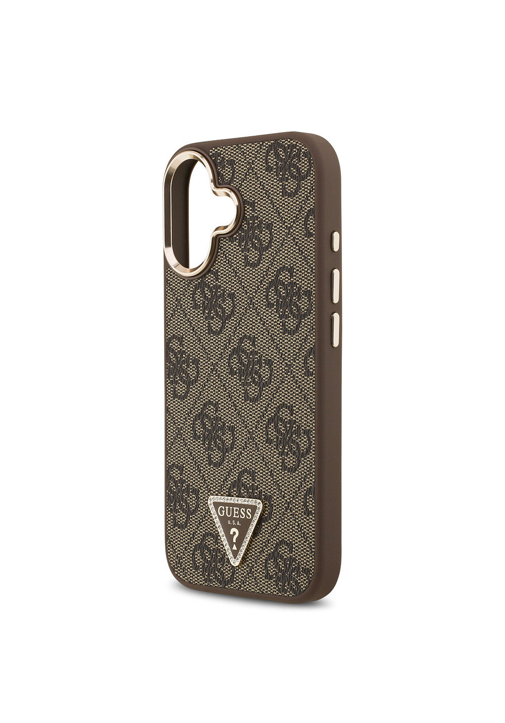 Apple iPhone 17 Kılıf Guess Orijinal Lisanslı Manyetik Şarj Uyumlu Gold Metal Kamera Çerçeveli Taşlı Üçgen Logo 4G Desenli Kapak