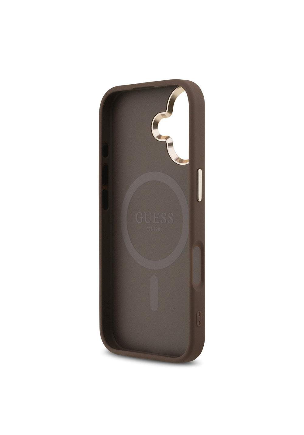 Apple iPhone 17 Kılıf Guess Orijinal Lisanslı Manyetik Şarj Uyumlu Gold Metal Kamera Çerçeveli Taşlı Üçgen Logo 4G Desenli Kapak