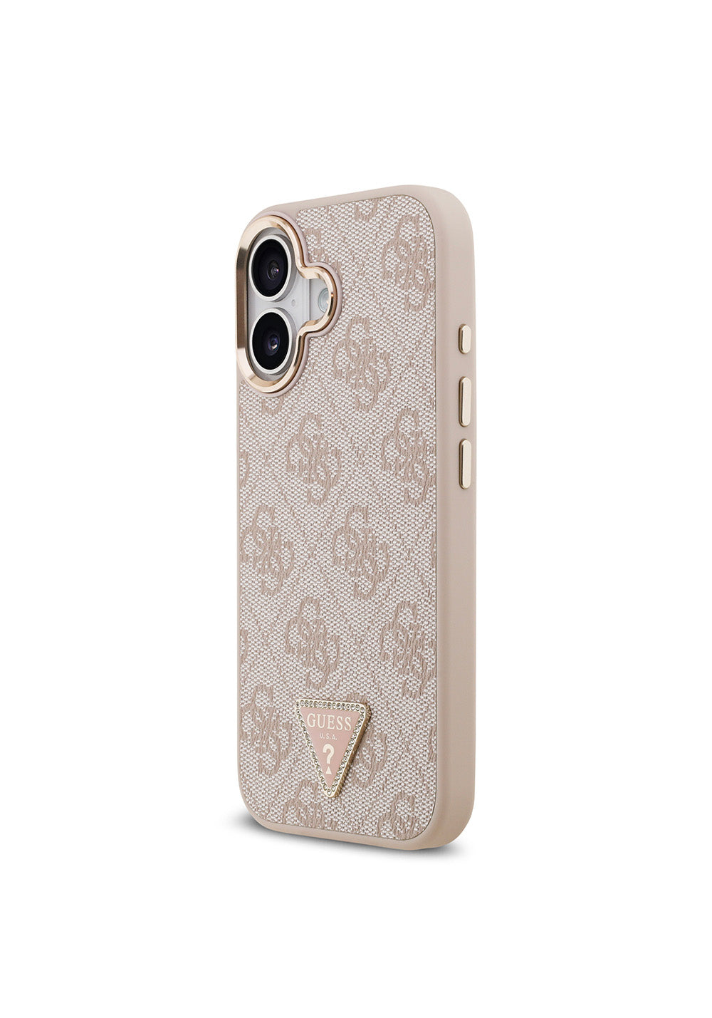 Apple iPhone 17 Kılıf Guess Orijinal Lisanslı Manyetik Şarj Uyumlu Gold Metal Kamera Çerçeveli Taşlı Üçgen Logo 4G Desenli Kapak