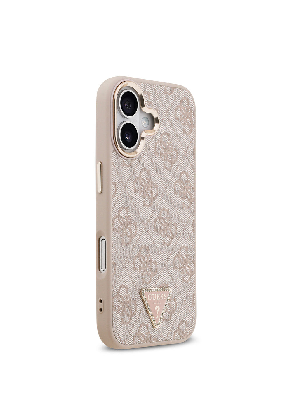 Apple iPhone 17 Kılıf Guess Orijinal Lisanslı Manyetik Şarj Uyumlu Gold Metal Kamera Çerçeveli Taşlı Üçgen Logo 4G Desenli Kapak