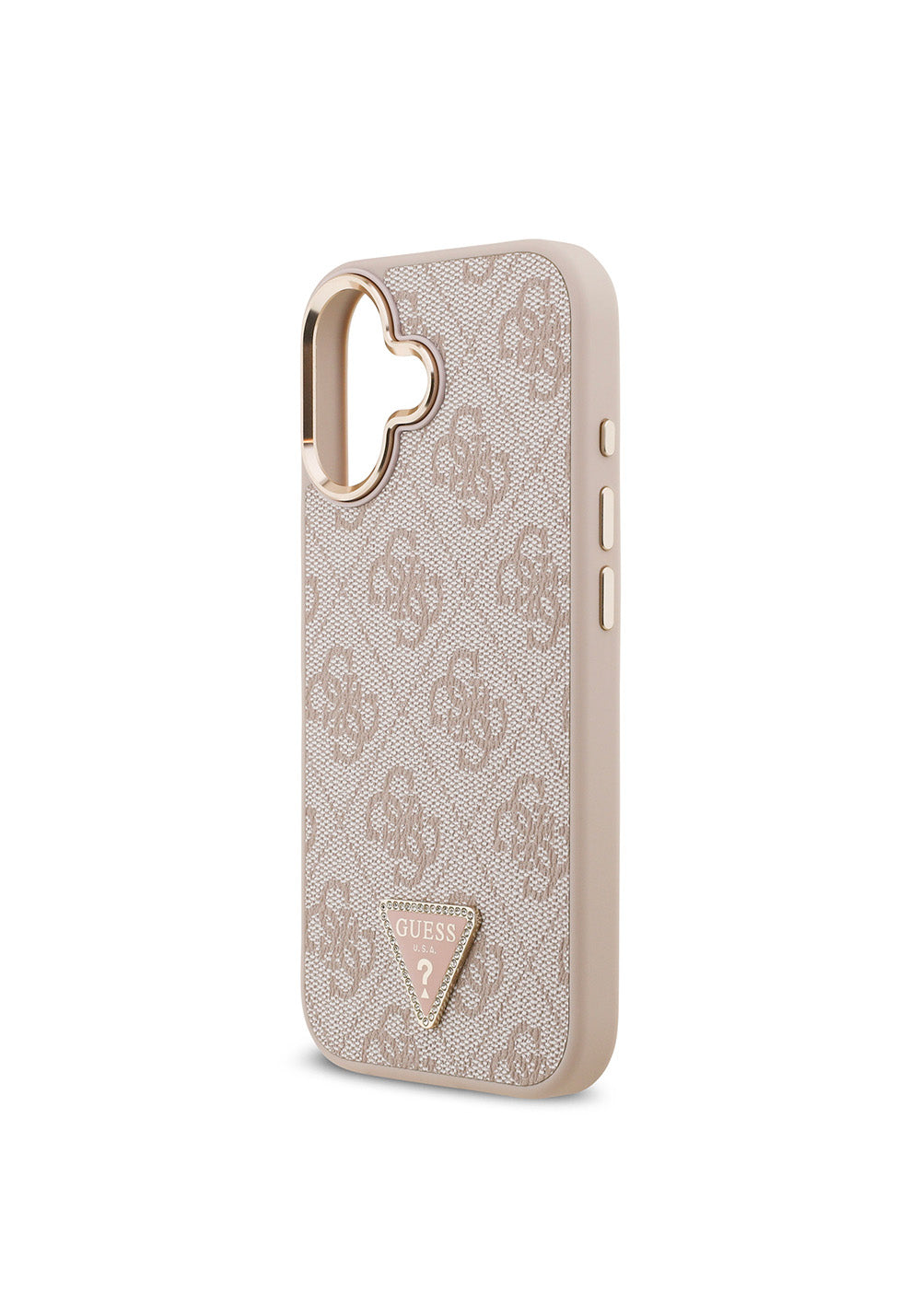 Apple iPhone 17 Kılıf Guess Orijinal Lisanslı Manyetik Şarj Uyumlu Gold Metal Kamera Çerçeveli Taşlı Üçgen Logo 4G Desenli Kapak