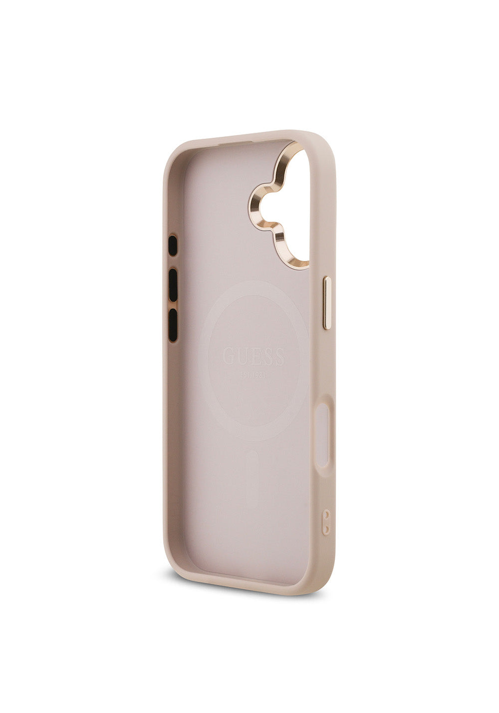 Apple iPhone 17 Kılıf Guess Orijinal Lisanslı Manyetik Şarj Uyumlu Gold Metal Kamera Çerçeveli Taşlı Üçgen Logo 4G Desenli Kapak