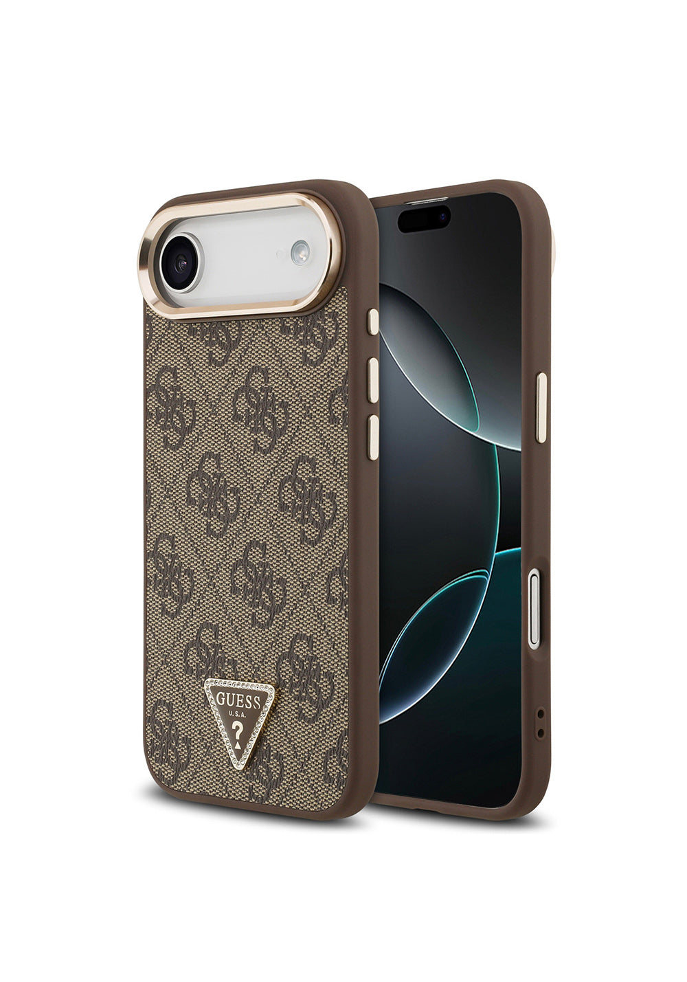 Apple iPhone 17 Air Kılıf Guess Orijinal Lisanslı Manyetik Şarj Uyumlu Gold Metal Kamera Çerçeveli Taşlı Üçgen Logo 4G Desenli Kapak