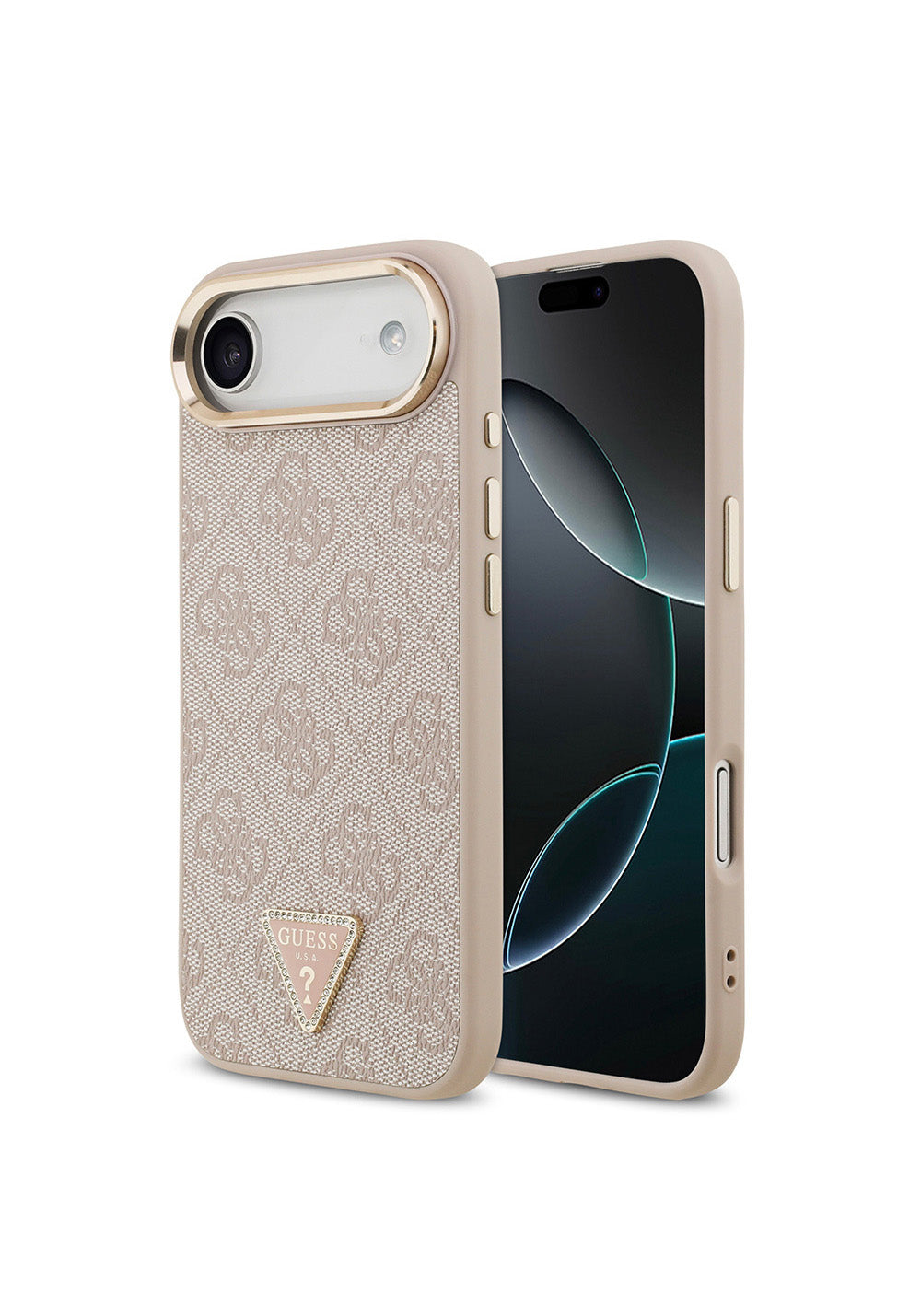 Apple iPhone 17 Air Kılıf Guess Orijinal Lisanslı Manyetik Şarj Uyumlu Gold Metal Kamera Çerçeveli Taşlı Üçgen Logo 4G Desenli Kapak