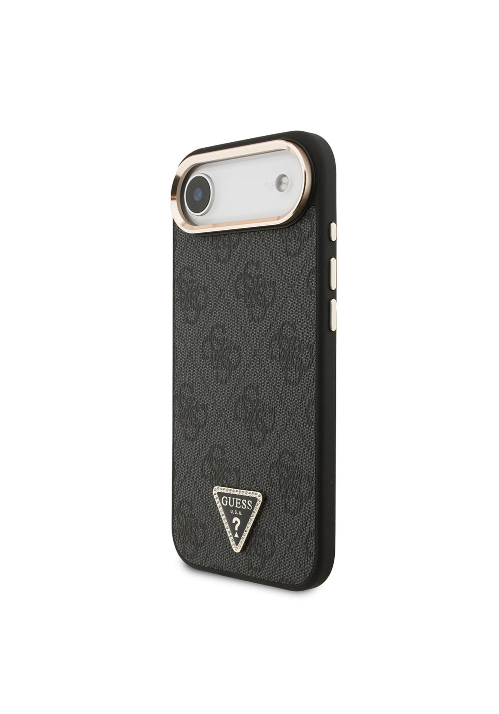 Apple iPhone 17 Air Kılıf Guess Orijinal Lisanslı Manyetik Şarj Uyumlu Gold Metal Kamera Çerçeveli Taşlı Üçgen Logo 4G Desenli Kapak