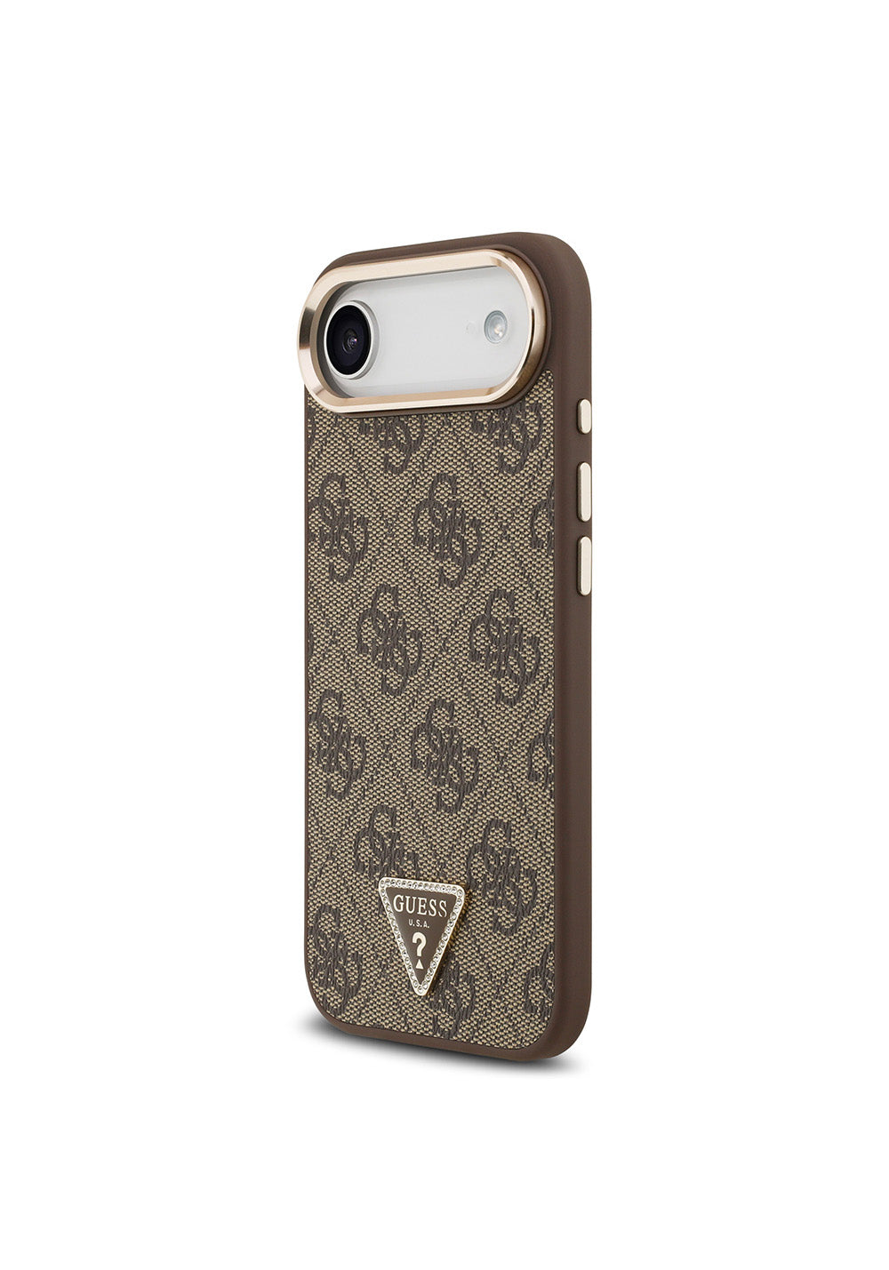 Apple iPhone 17 Air Kılıf Guess Orijinal Lisanslı Manyetik Şarj Uyumlu Gold Metal Kamera Çerçeveli Taşlı Üçgen Logo 4G Desenli Kapak