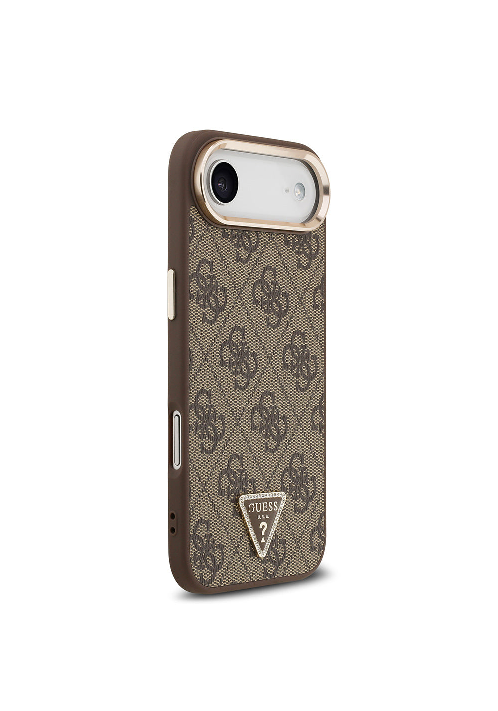 Apple iPhone 17 Air Kılıf Guess Orijinal Lisanslı Manyetik Şarj Uyumlu Gold Metal Kamera Çerçeveli Taşlı Üçgen Logo 4G Desenli Kapak