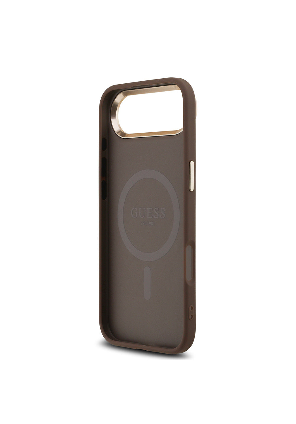 Apple iPhone 17 Air Kılıf Guess Orijinal Lisanslı Manyetik Şarj Uyumlu Gold Metal Kamera Çerçeveli Taşlı Üçgen Logo 4G Desenli Kapak