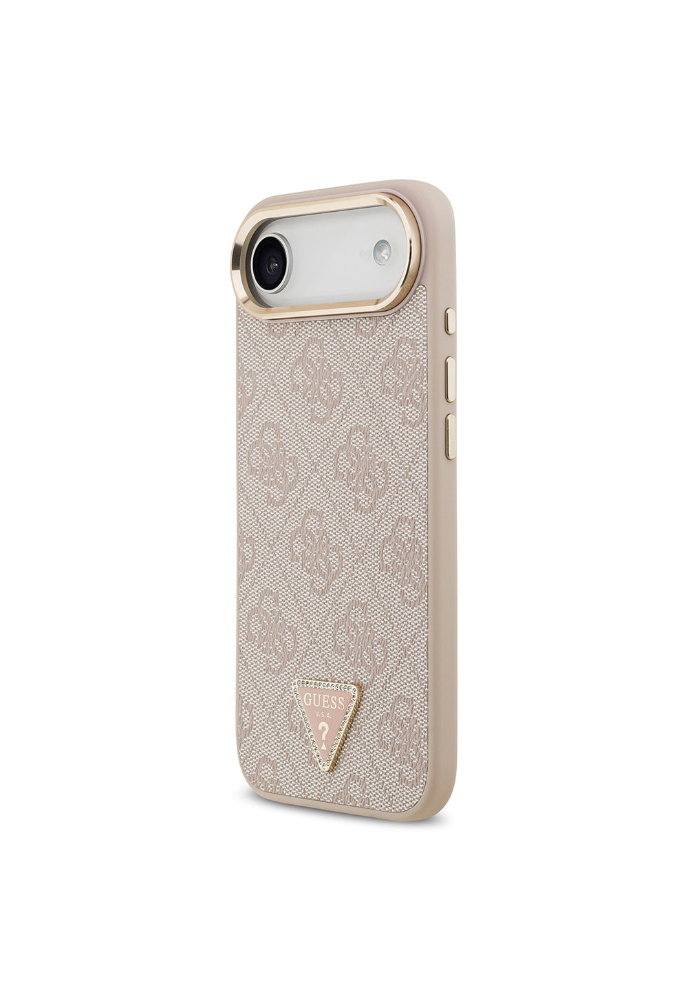 Apple iPhone 17 Air Kılıf Guess Orijinal Lisanslı Manyetik Şarj Uyumlu Gold Metal Kamera Çerçeveli Taşlı Üçgen Logo 4G Desenli Kapak