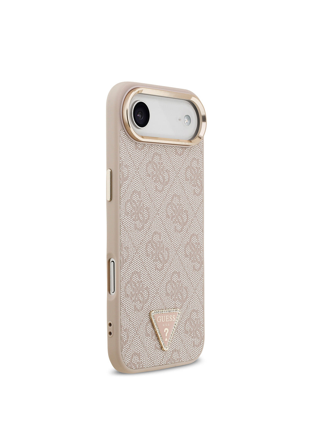Apple iPhone 17 Air Kılıf Guess Orijinal Lisanslı Manyetik Şarj Uyumlu Gold Metal Kamera Çerçeveli Taşlı Üçgen Logo 4G Desenli Kapak