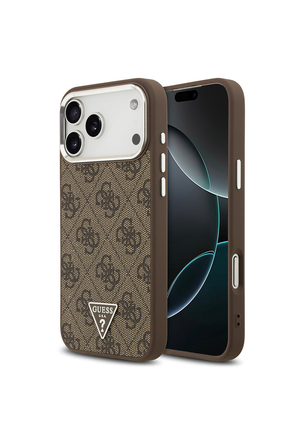 Apple iPhone 17 Pro Max Kılıf Guess Orijinal Lisanslı Manyetik Şarj Uyumlu Gümüş Metal Kamera Çerçeveli Üçgen Logo 4G Desenli Kapak