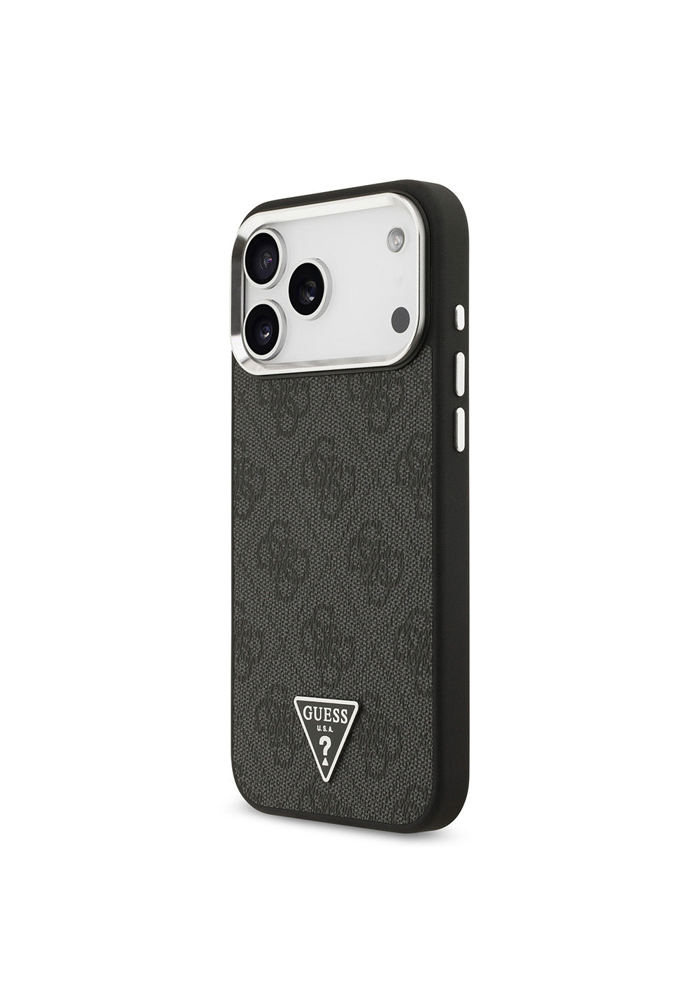 Apple iPhone 17 Pro Max Kılıf Guess Orijinal Lisanslı Manyetik Şarj Uyumlu Gümüş Metal Kamera Çerçeveli Üçgen Logo 4G Desenli Kapak