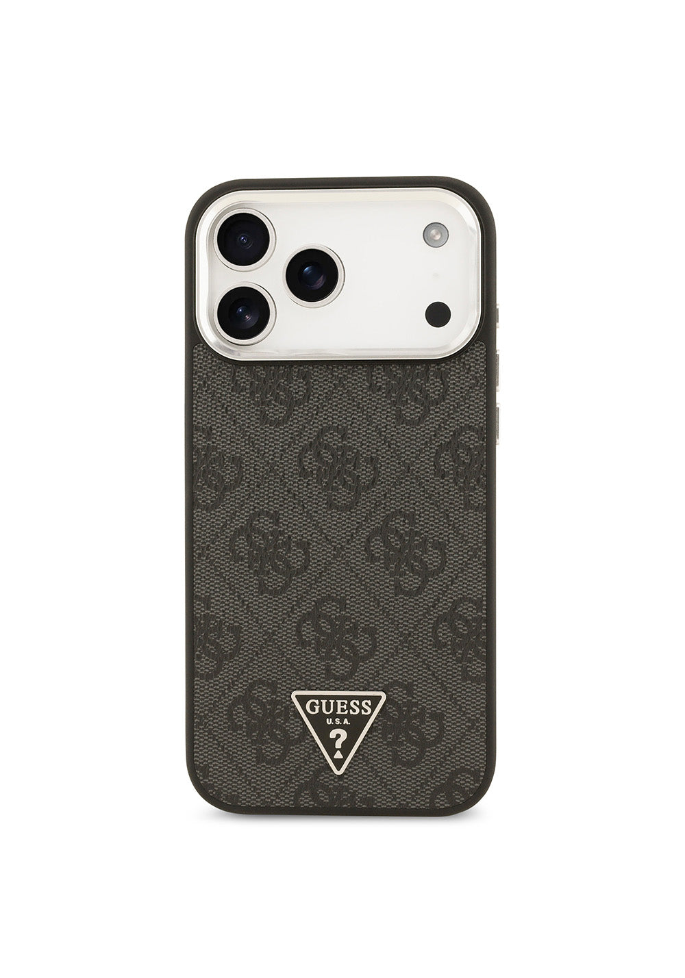 Apple iPhone 17 Pro Max Kılıf Guess Orijinal Lisanslı Manyetik Şarj Uyumlu Gümüş Metal Kamera Çerçeveli Üçgen Logo 4G Desenli Kapak