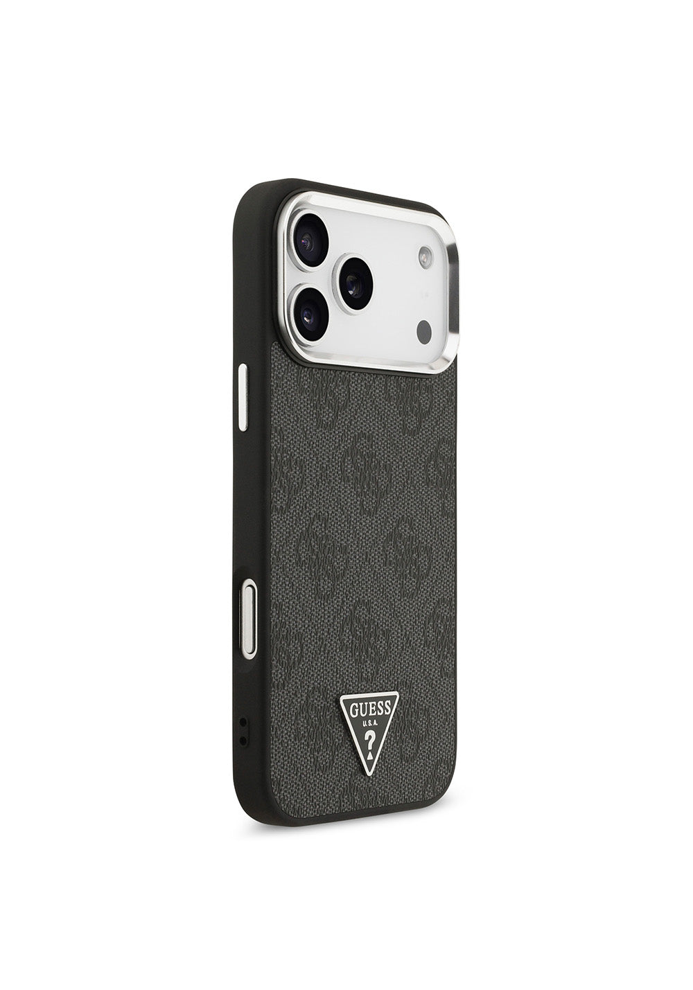 Apple iPhone 17 Pro Max Kılıf Guess Orijinal Lisanslı Manyetik Şarj Uyumlu Gümüş Metal Kamera Çerçeveli Üçgen Logo 4G Desenli Kapak