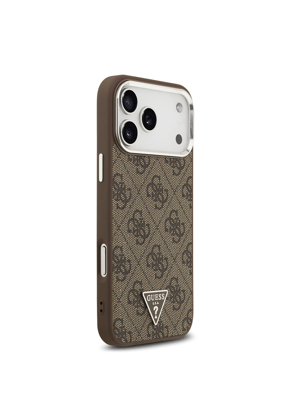 Apple iPhone 17 Pro Max Kılıf Guess Orijinal Lisanslı Manyetik Şarj Uyumlu Gümüş Metal Kamera Çerçeveli Üçgen Logo 4G Desenli Kapak