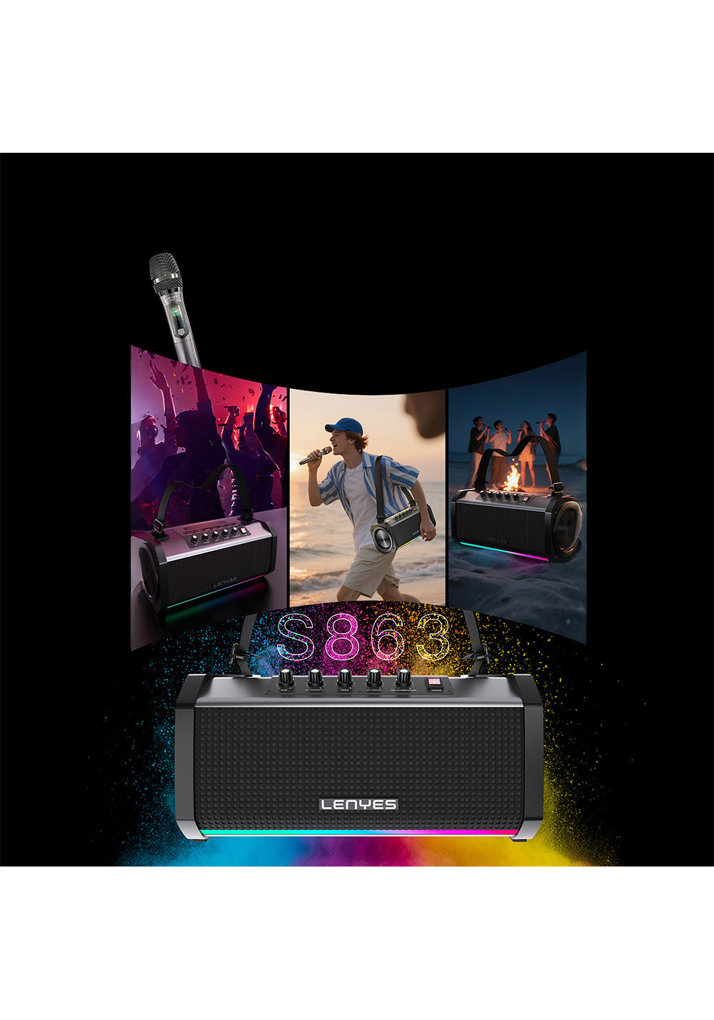 Lenyes S863 RGB Led Işıklı Mikrofonlu TWS Bluetooth Speaker Hoparlör v5.3