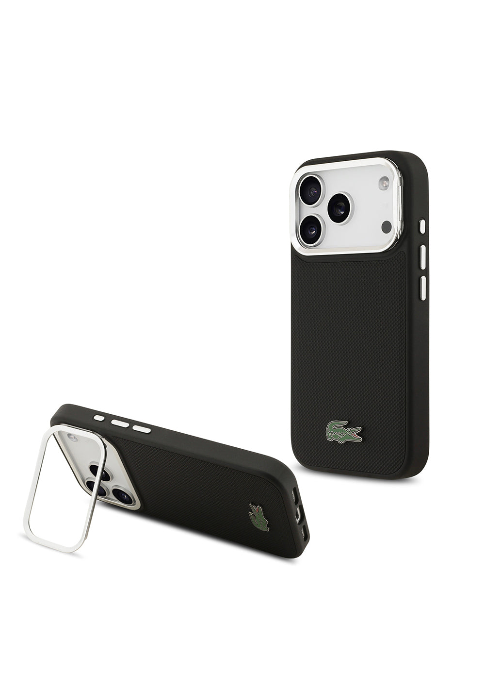Apple iPhone 17 Pro Kılıf Lacoste Orijinal Lisanslı Manyetik Şarj Uyumlu PU Pike Desenli Standlı Metal Logolu Kapak