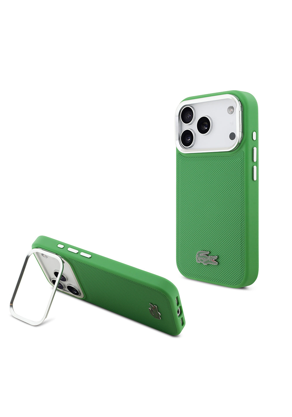 Apple iPhone 17 Pro Kılıf Lacoste Orijinal Lisanslı Manyetik Şarj Uyumlu PU Pike Desenli Standlı Metal Logolu Kapak