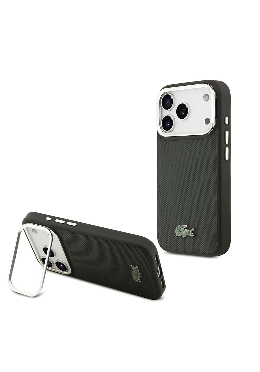 Apple iPhone 17 Pro Kılıf Lacoste Orijinal Lisanslı Manyetik Şarj Uyumlu PU Pike Desenli Standlı Metal Logolu Kapak