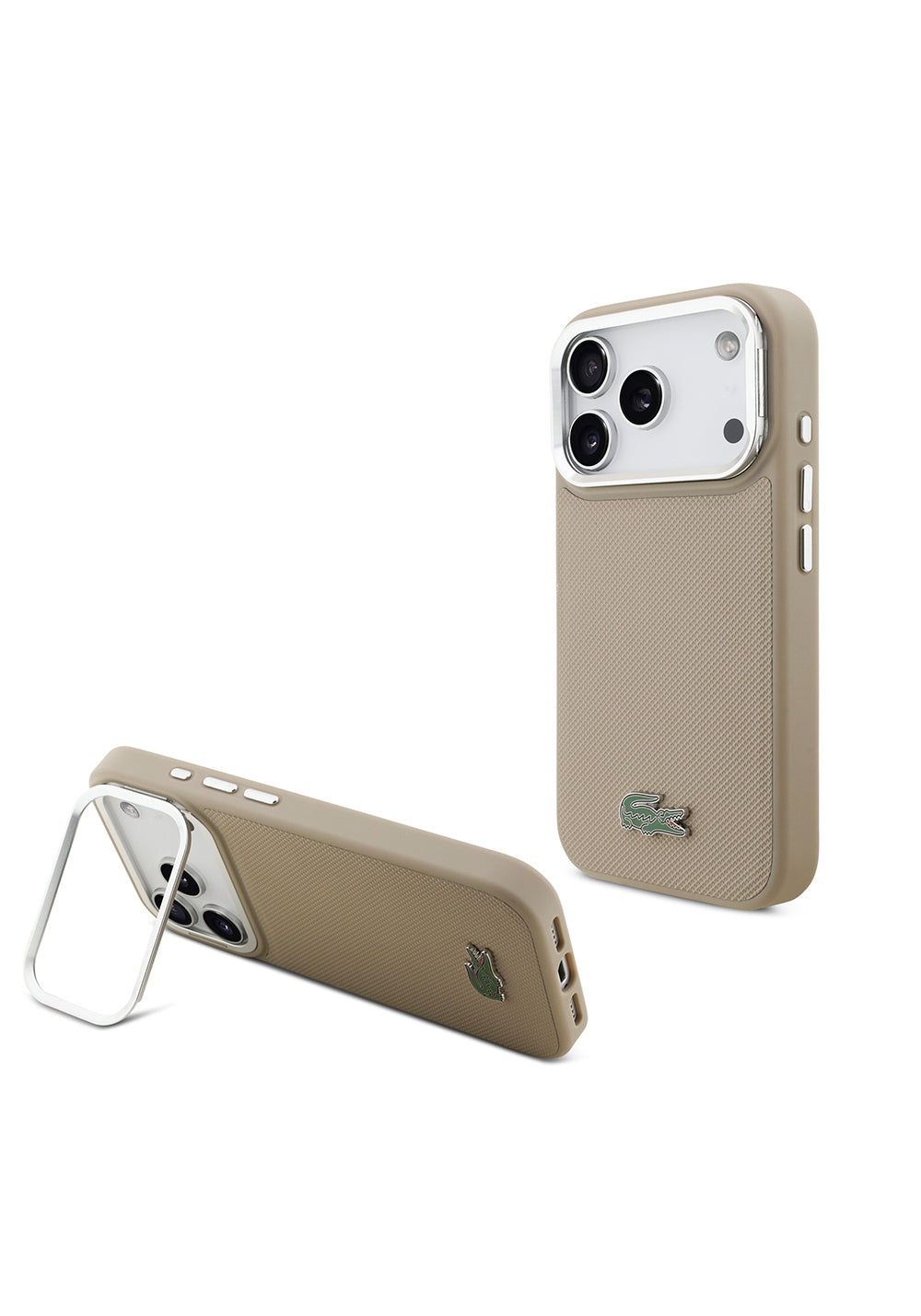 Apple iPhone 17 Pro Kılıf Lacoste Orijinal Lisanslı Manyetik Şarj Uyumlu PU Pike Desenli Standlı Metal Logolu Kapak