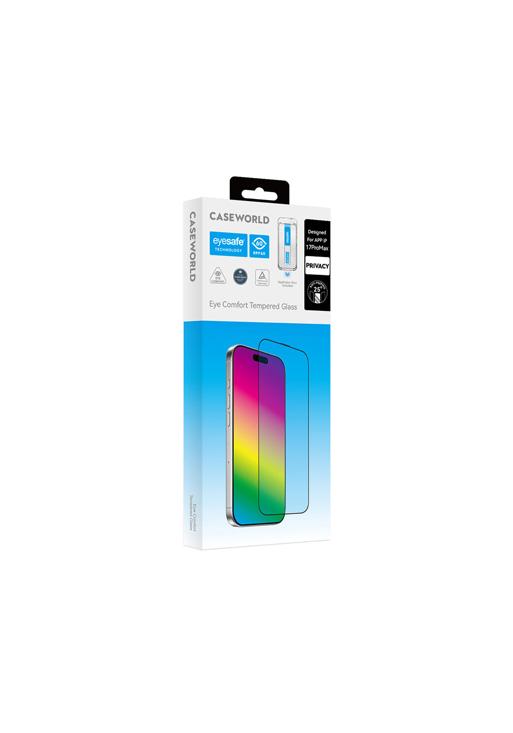 Apple iPhone 17 Pro Max CaseWorld Applicator Serisi 2.5D Eyesafe Mavi Işık Teknolojili 0.33mm Privacy Temperli Cam Ekran Koruyucu + Uygulama Aparatı