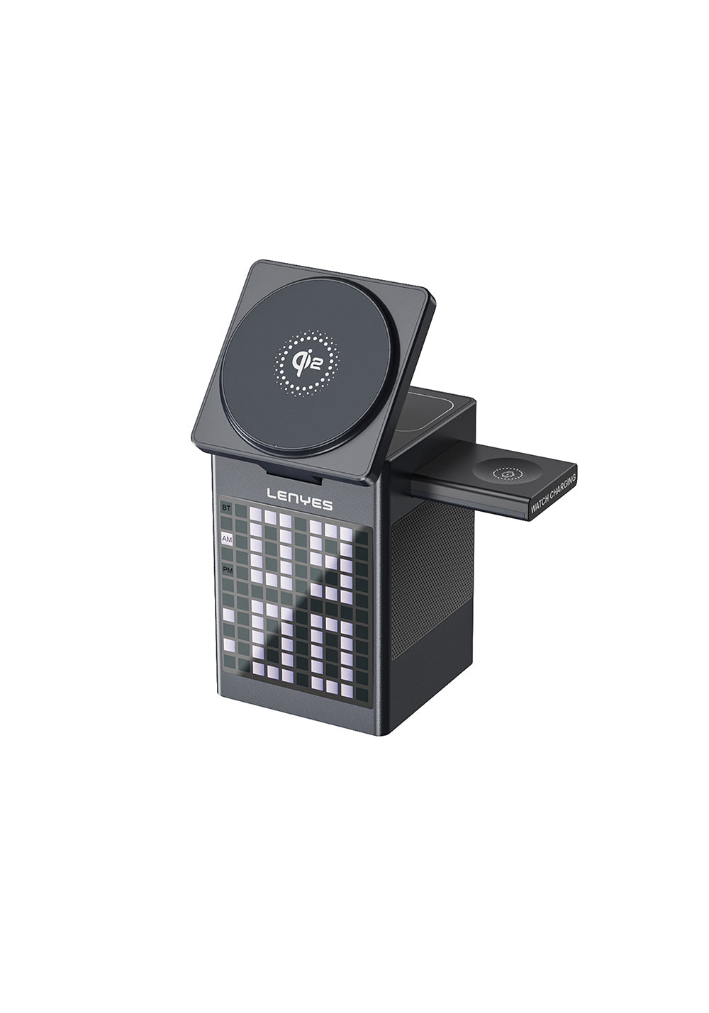 Lenyes PW320 Qi2 Şarj Teknolojili Alarmlı Bluetooth Speaker Özellikli Telefon&Akıllı Saat&Kulaklık 15W 6in1 Kablosuz Şarj Standı
