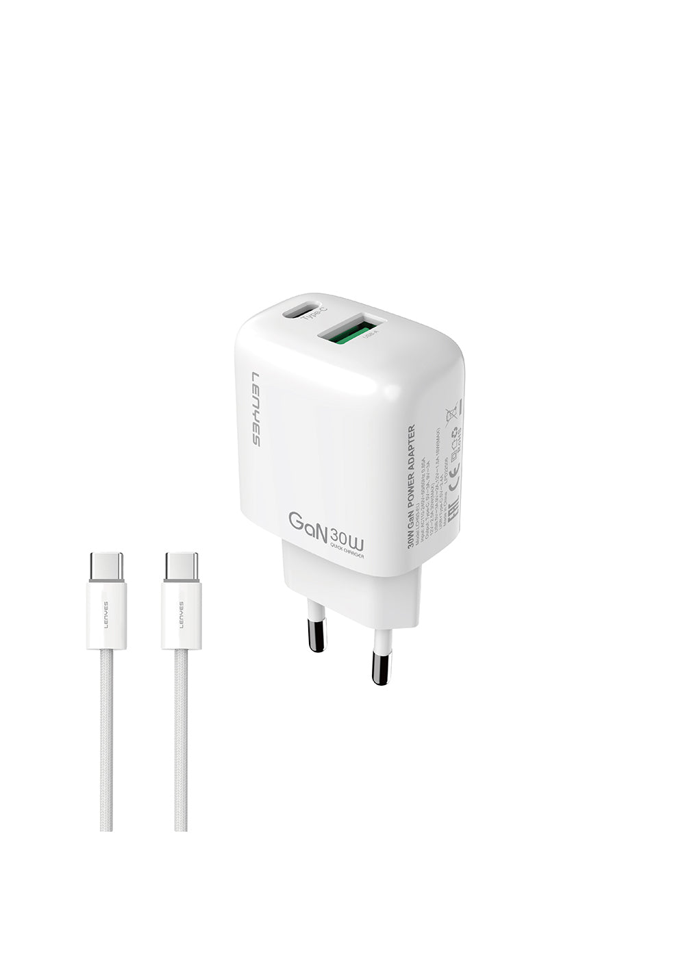 Lenyes LCH93-TC-TC Type-C to Type-C GaN Teknolojili PD ve USB Hızlı Şarj Özellikli Şarj Seti 30W