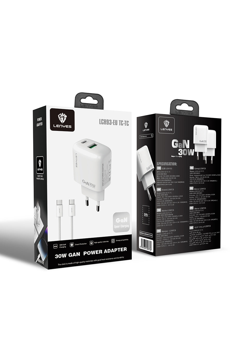 Lenyes LCH93-TC-TC Type-C to Type-C GaN Teknolojili PD ve USB Hızlı Şarj Özellikli Şarj Seti 30W