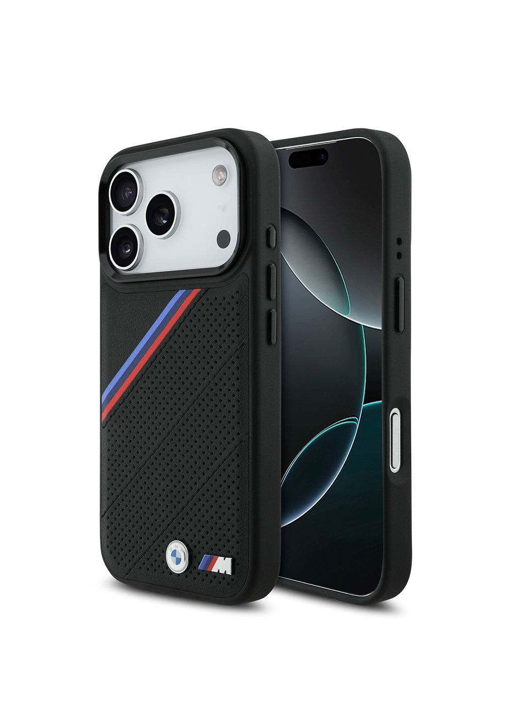 Apple iPhone 17 Pro Kılıf BMW Orijinal Lisanslı Manyetik Şarj Uyumlu M Logolu Üç Şeritli Delikli Deri Kapak