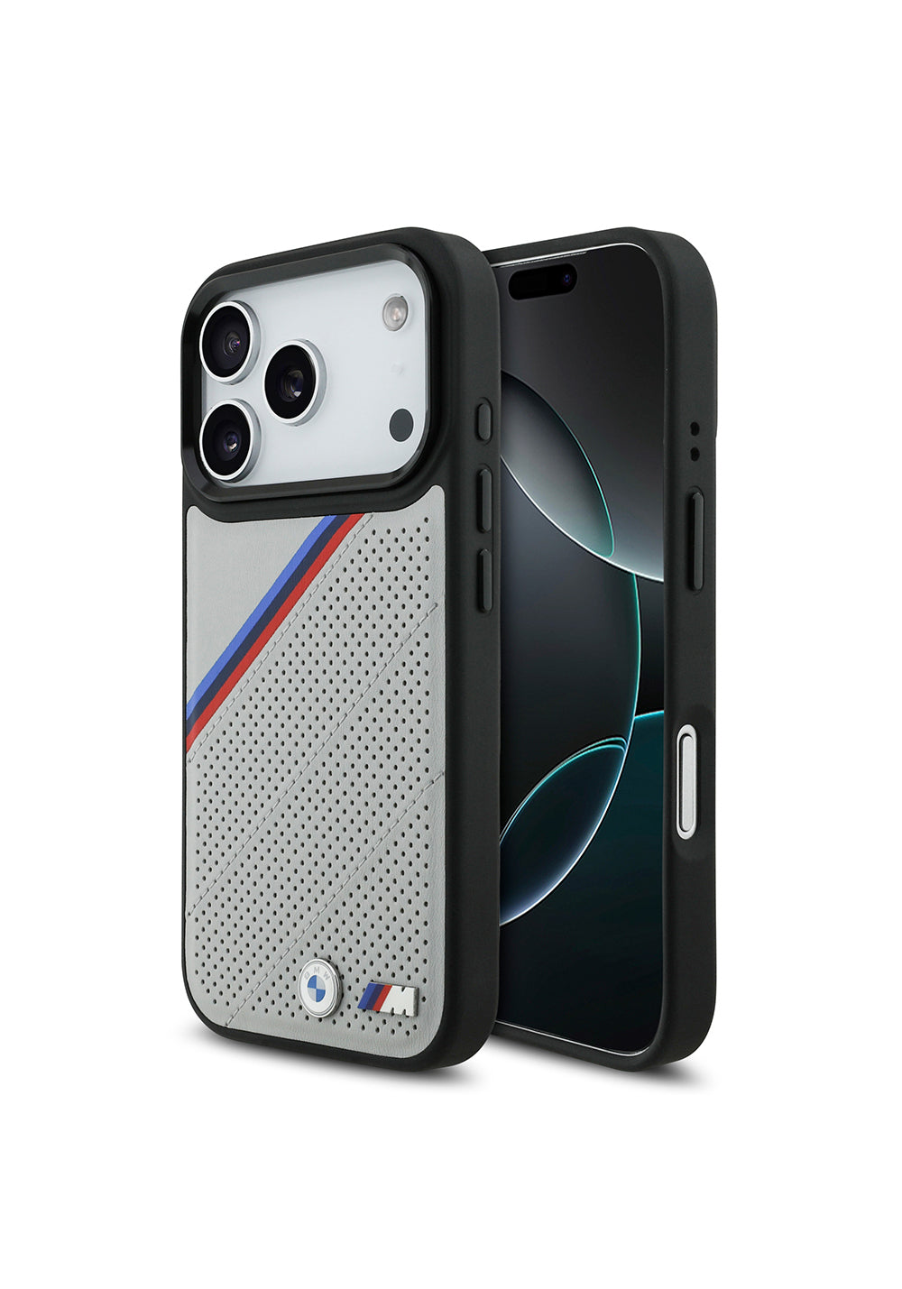 Apple iPhone 17 Pro Kılıf BMW Orijinal Lisanslı Manyetik Şarj Uyumlu M Logolu Üç Şeritli Delikli Deri Kapak