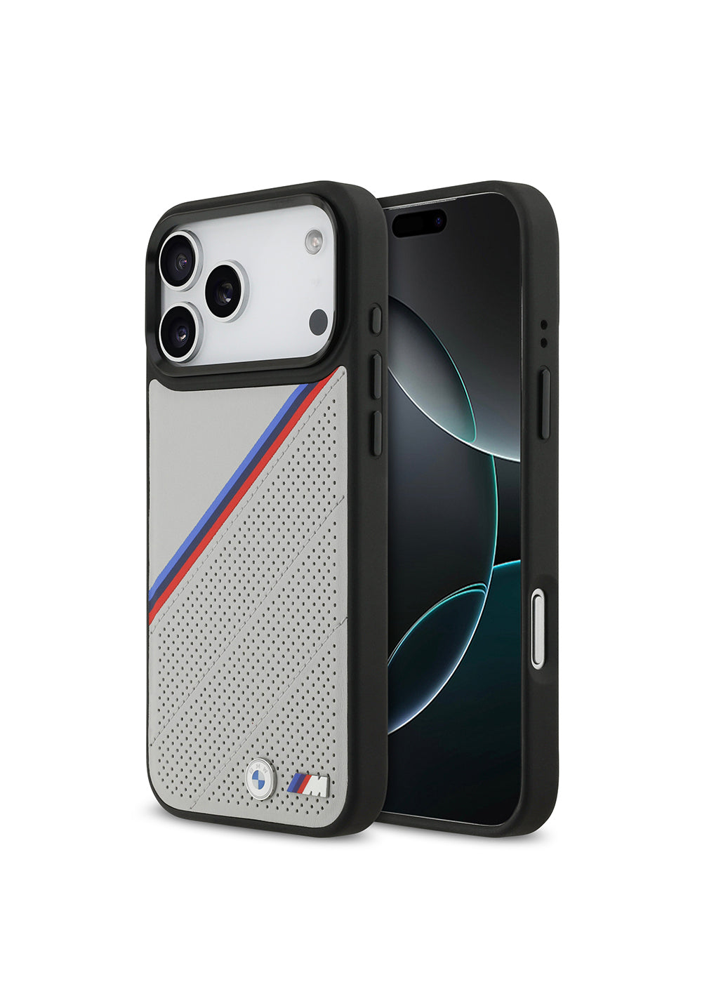Apple iPhone 17 Pro Max Kılıf BMW Orijinal Lisanslı Manyetik Şarj Uyumlu M Logolu Üç Şeritli Delikli Deri Kapak