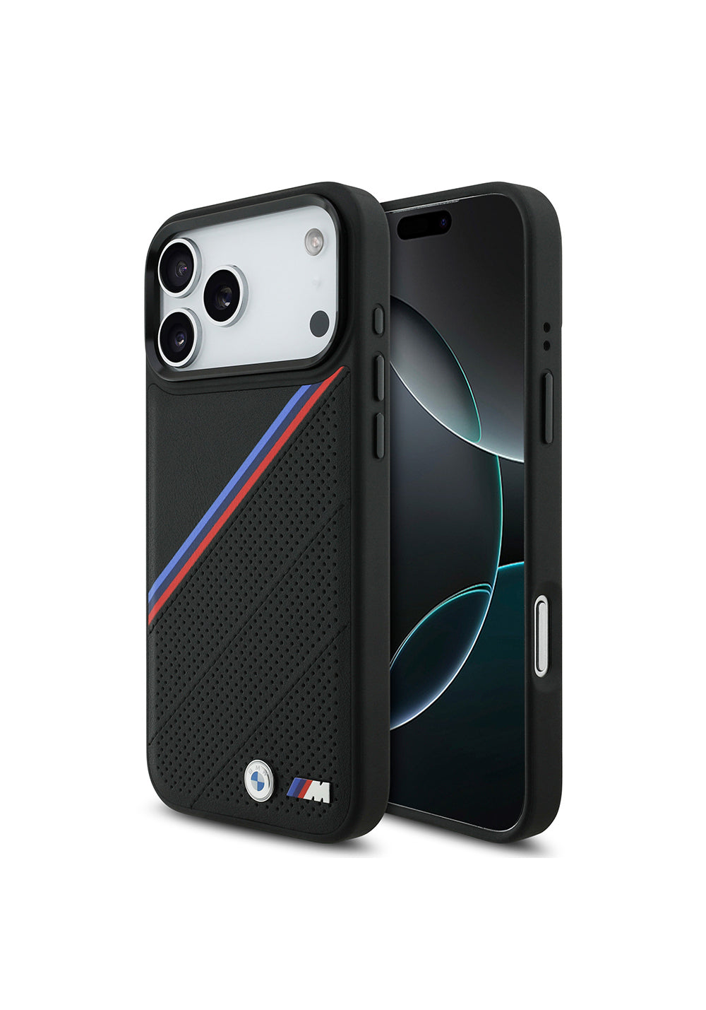 Apple iPhone 17 Pro Max Kılıf BMW Orijinal Lisanslı Manyetik Şarj Uyumlu M Logolu Üç Şeritli Delikli Deri Kapak