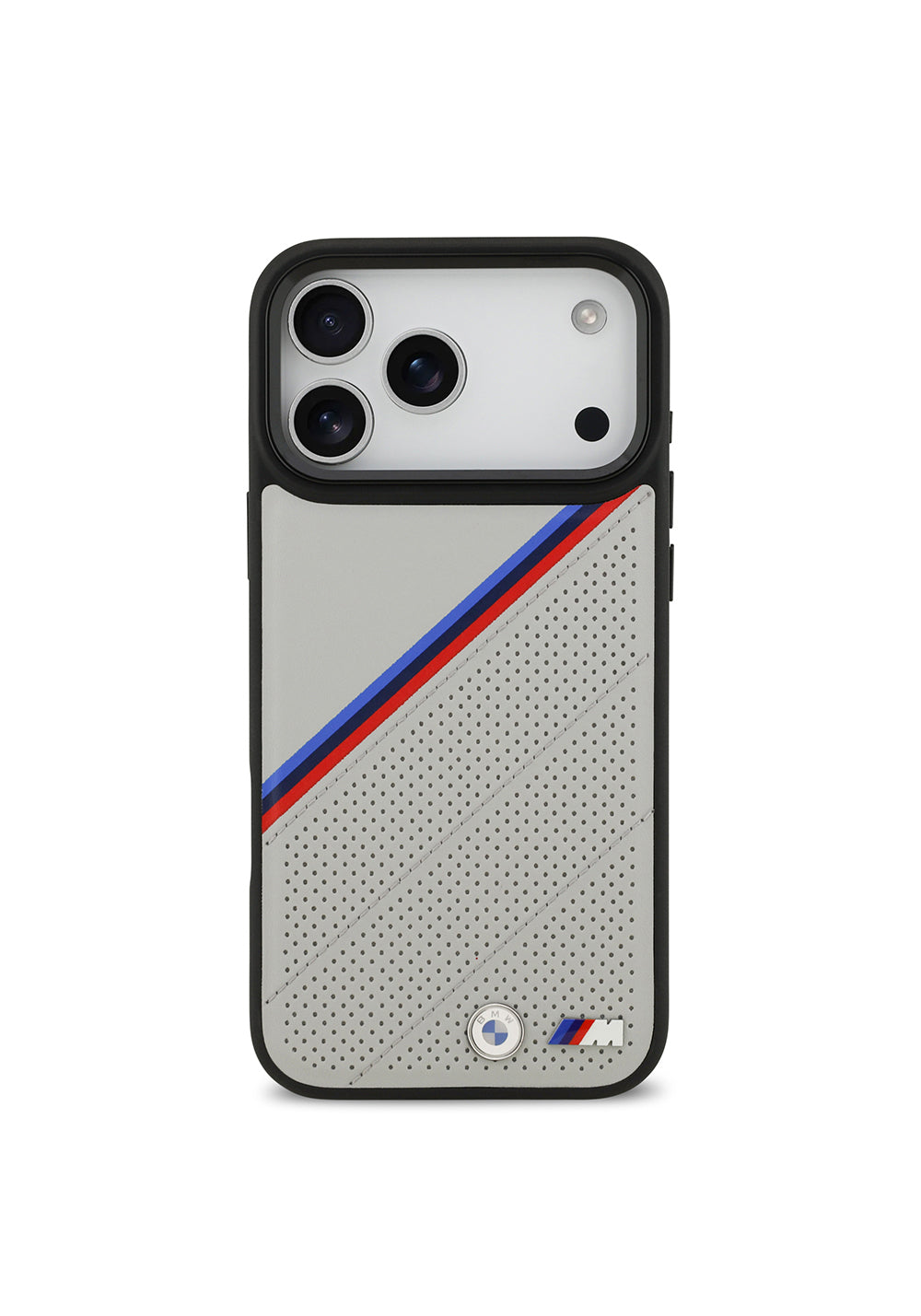 Apple iPhone 17 Pro Max Kılıf BMW Orijinal Lisanslı Manyetik Şarj Uyumlu M Logolu Üç Şeritli Delikli Deri Kapak