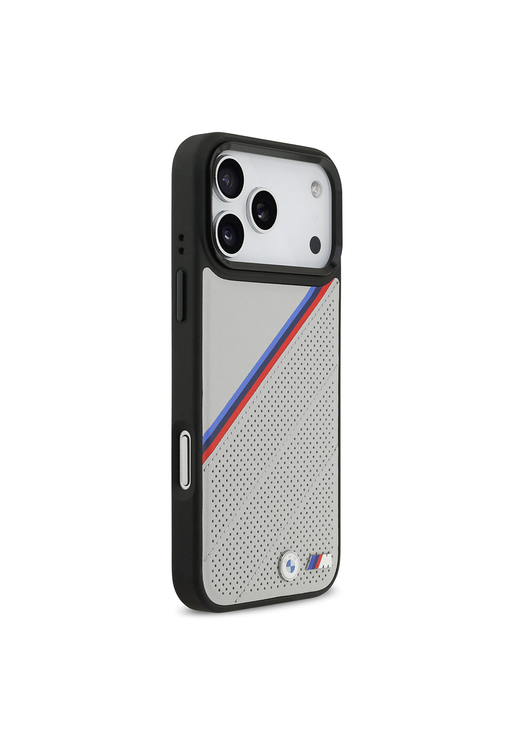 Apple iPhone 17 Pro Max Kılıf BMW Orijinal Lisanslı Manyetik Şarj Uyumlu M Logolu Üç Şeritli Delikli Deri Kapak
