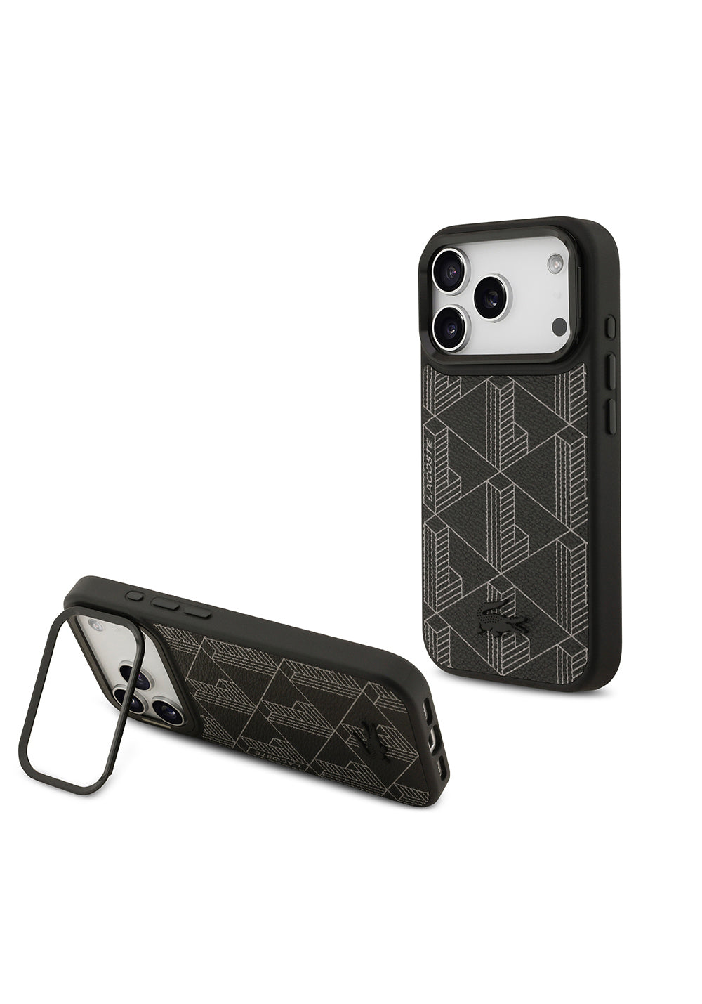 Apple iPhone 17 Pro Kılıf Lacoste Orijinal Lisanslı Manyetik Şarj Uyumlu Standlı PU Deri Karışık Monogram Desenli Kapak