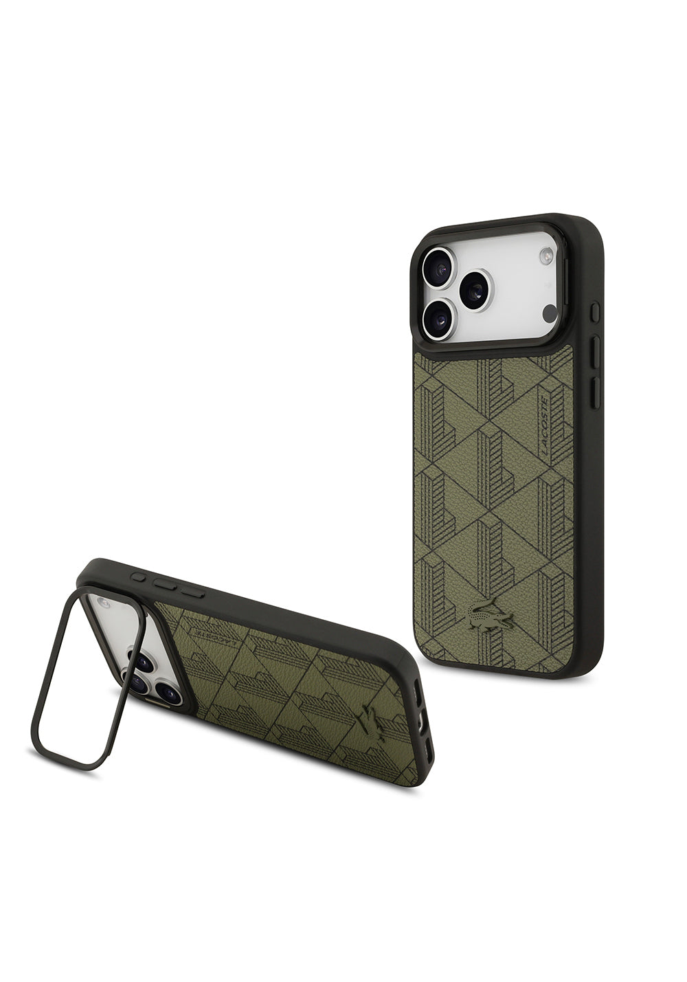 Apple iPhone 17 Pro Max Kılıf Lacoste Orijinal Lisanslı Manyetik Şarj Uyumlu Standlı PU Deri Karışık Monogram Desenli Kapak
