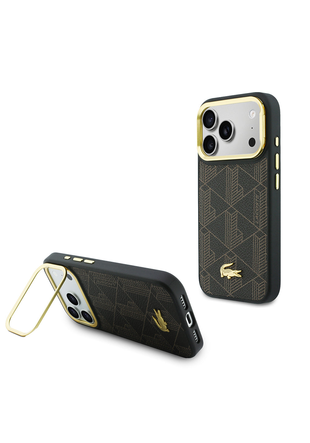 Apple iPhone 17 Pro Max Kılıf Lacoste Orijinal Lisanslı Manyetik Şarj Uyumlu Standlı PU Deri Karışık Monogram Desenli Kapak