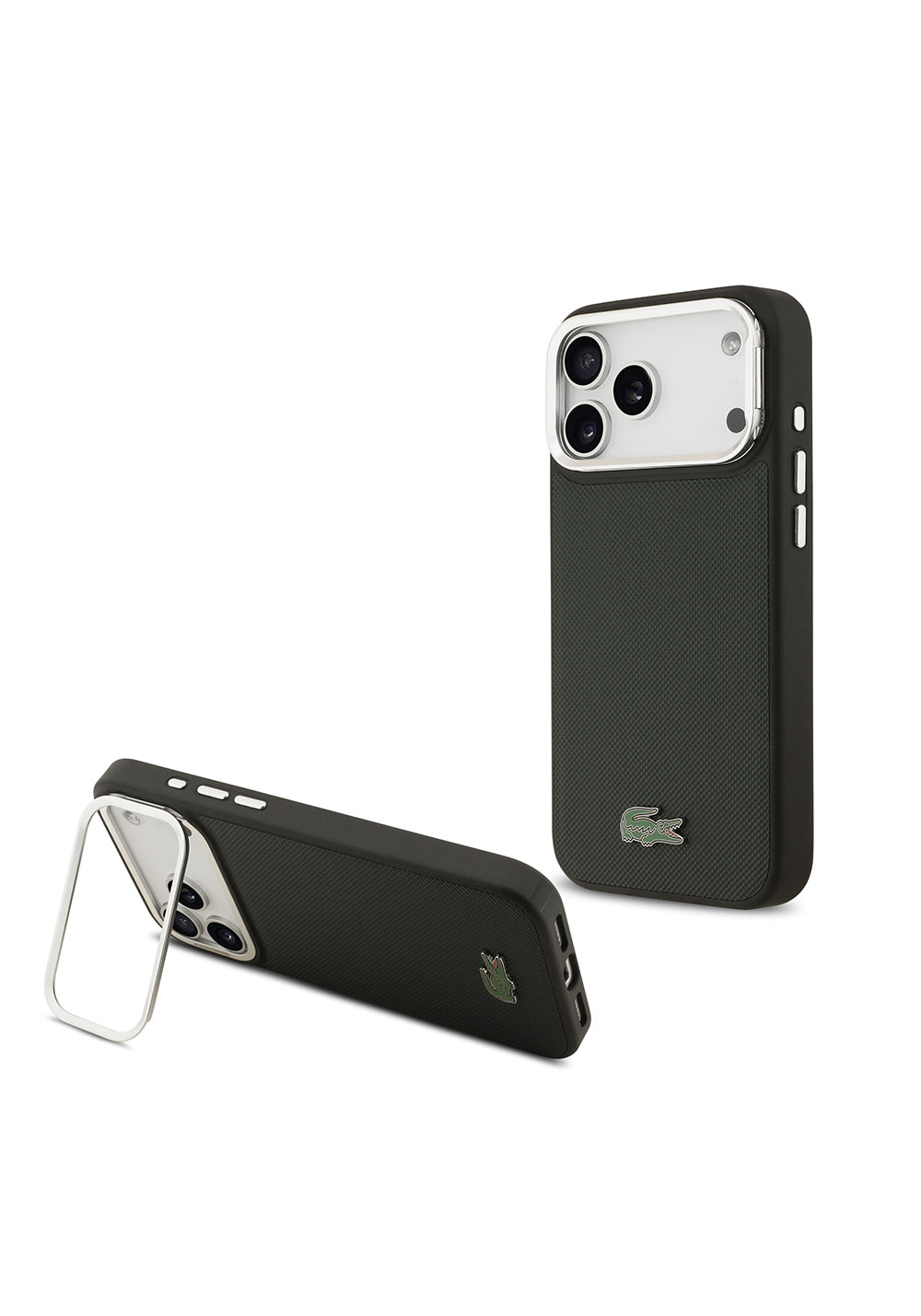 Apple iPhone 17 Pro Max Kılıf Lacoste Orijinal Lisanslı Manyetik Şarj Uyumlu PU Pike Desenli Standlı Metal Logolu Kapak